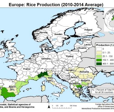 Najwięksi producenci (obszary) ryżu w Europie, 2010-2014