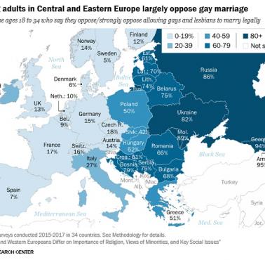 Poparcie dla wprowadzenia małżeństw jednopłciowych w poszczególnych krajach Europy, 2015-2017