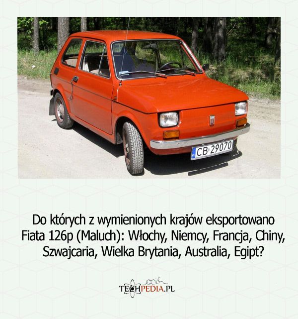 Do których z wymienionych krajów eksportowano Fiata 126p (Maluch): Włochy, Niemcy, Francja, Chiny, Szwajcaria, Wielka Brytania,